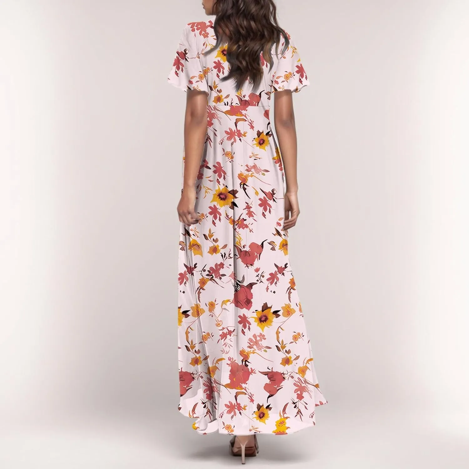 Flowy Maxi Dresses for Women Summer High Waist Dresses Chiffon Flutter Sleeve Plus Size Casual Floral Dress