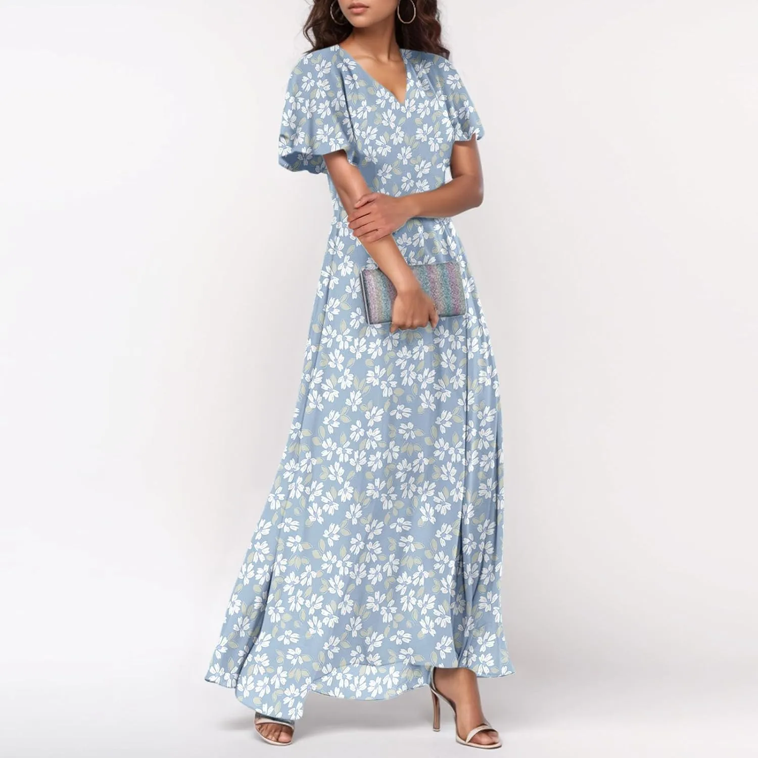 Flowy Maxi Dresses for Women Summer High Waist Dresses Chiffon Flutter Sleeve Plus Size Casual Floral Dress
