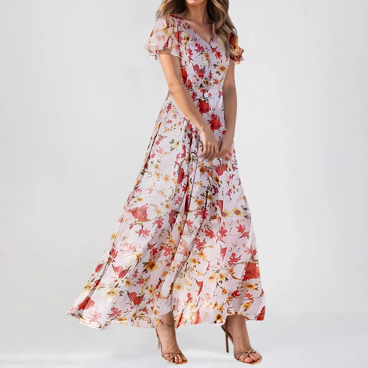 Flowy Maxi Dresses for Women Summer High Waist Dresses Chiffon Flutter Sleeve Plus Size Casual Floral Dress