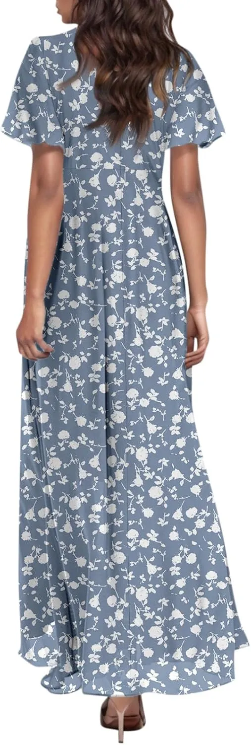 Flowy Maxi Dresses for Women Summer High Waist Dresses Chiffon Flutter Sleeve Plus Size Casual Floral Dress