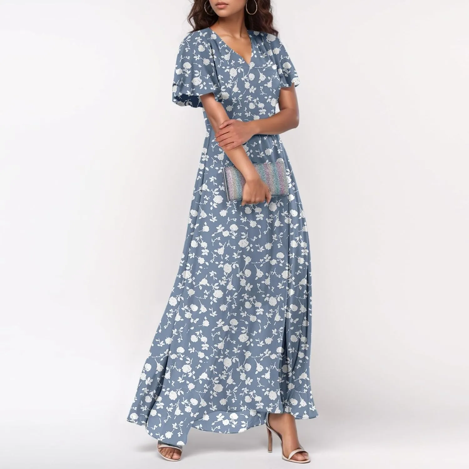 Flowy Maxi Dresses for Women Summer High Waist Dresses Chiffon Flutter Sleeve Plus Size Casual Floral Dress