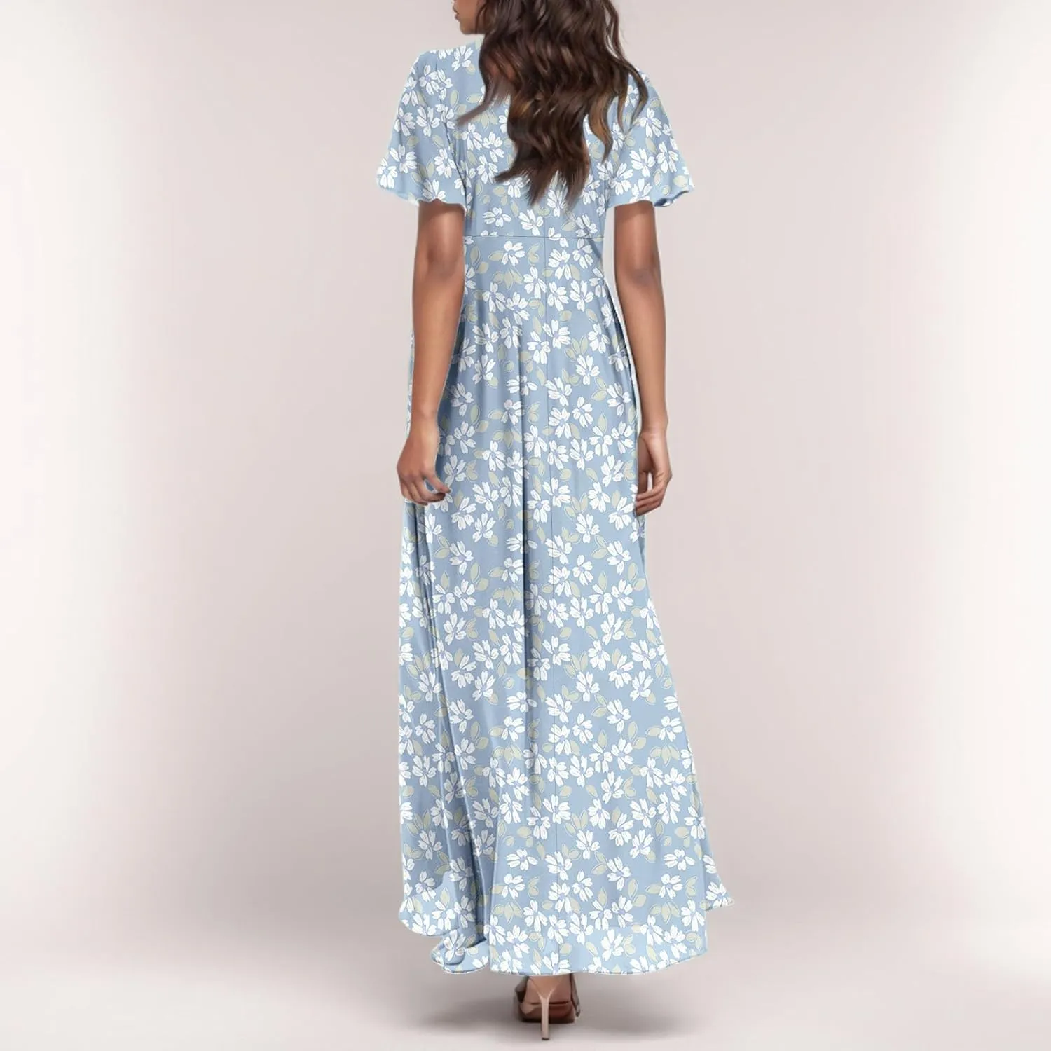 Flowy Maxi Dresses for Women Summer High Waist Dresses Chiffon Flutter Sleeve Plus Size Casual Floral Dress