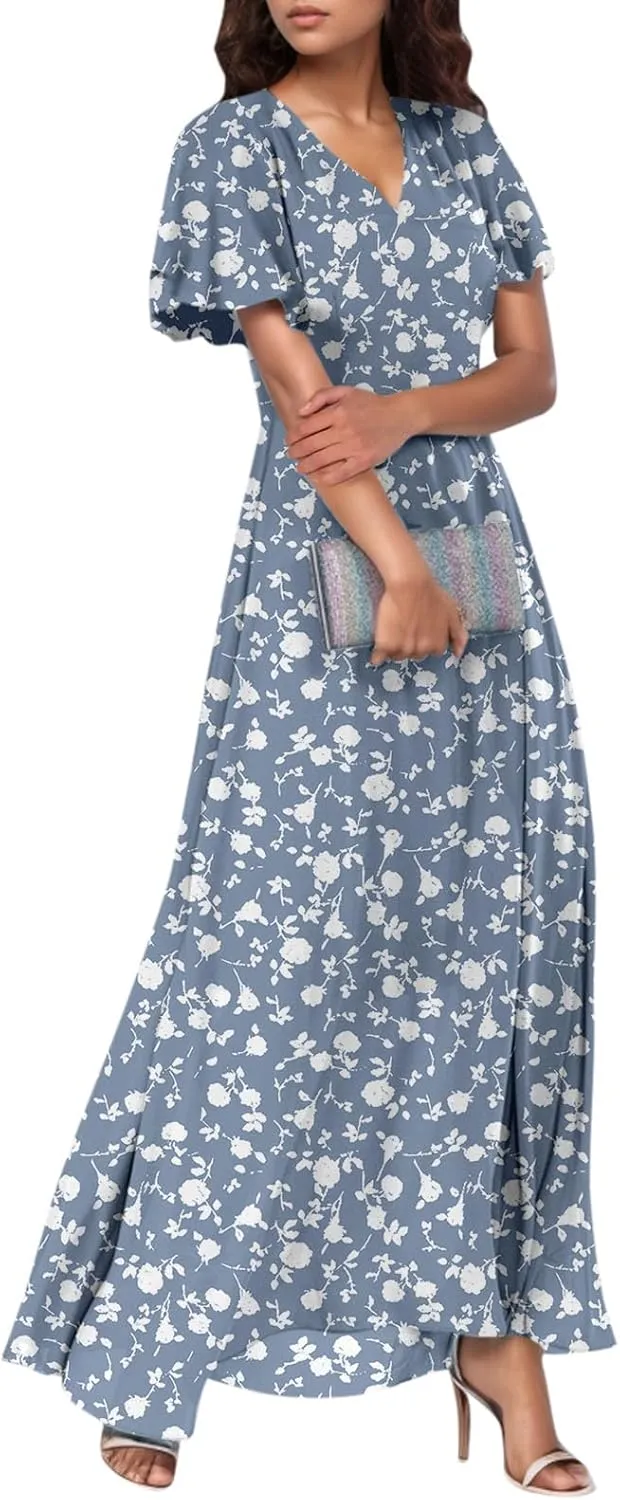 Flowy Maxi Dresses for Women Summer High Waist Dresses Chiffon Flutter Sleeve Plus Size Casual Floral Dress