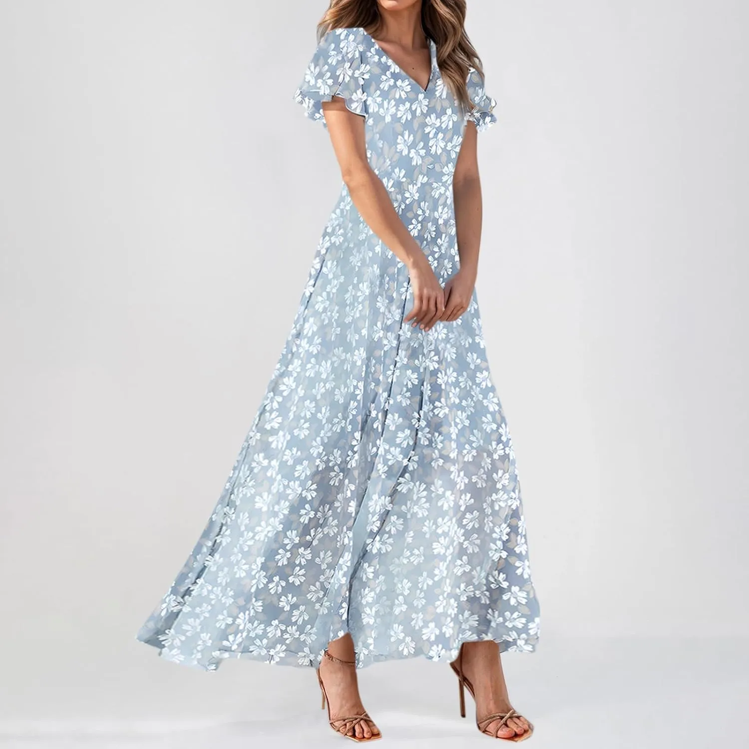 Flowy Maxi Dresses for Women Summer High Waist Dresses Chiffon Flutter Sleeve Plus Size Casual Floral Dress