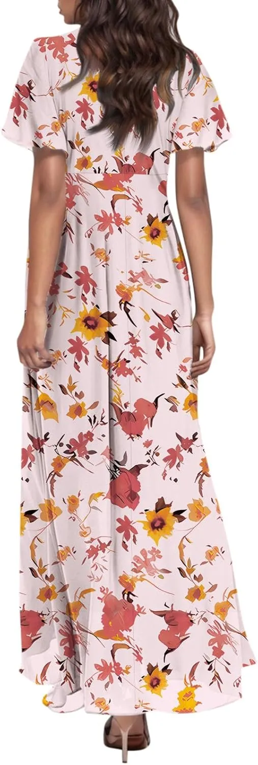 Flowy Maxi Dresses for Women Summer High Waist Dresses Chiffon Flutter Sleeve Plus Size Casual Floral Dress