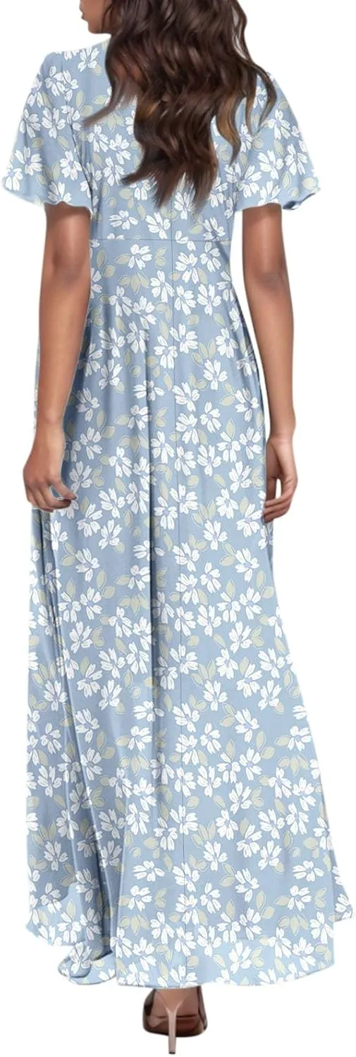 Flowy Maxi Dresses for Women Summer High Waist Dresses Chiffon Flutter Sleeve Plus Size Casual Floral Dress