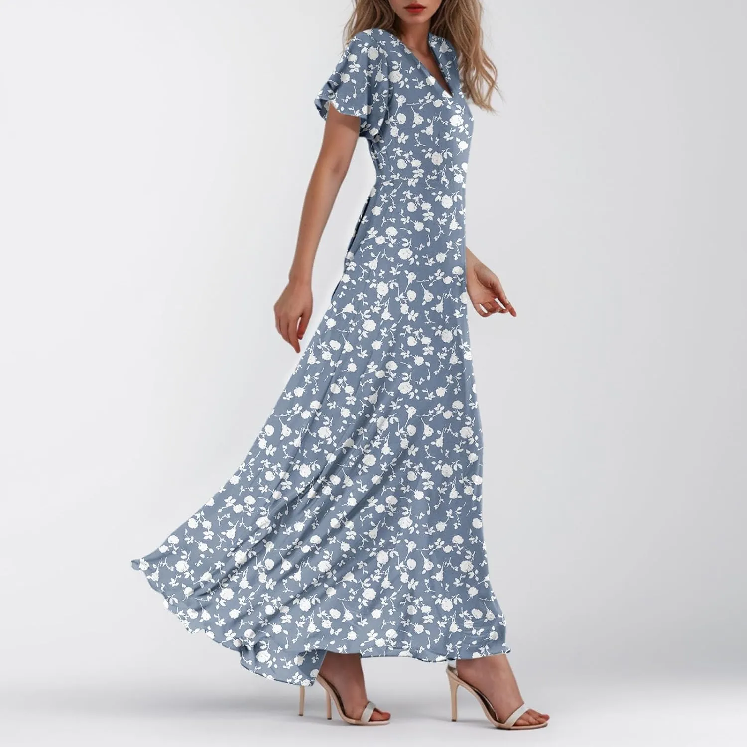 Flowy Maxi Dresses for Women Summer High Waist Dresses Chiffon Flutter Sleeve Plus Size Casual Floral Dress