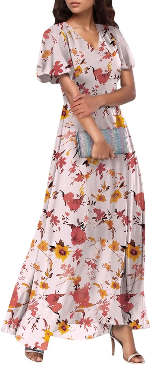 Flowy Maxi Dresses for Women Summer High Waist Dresses Chiffon Flutter Sleeve Plus Size Casual Floral Dress