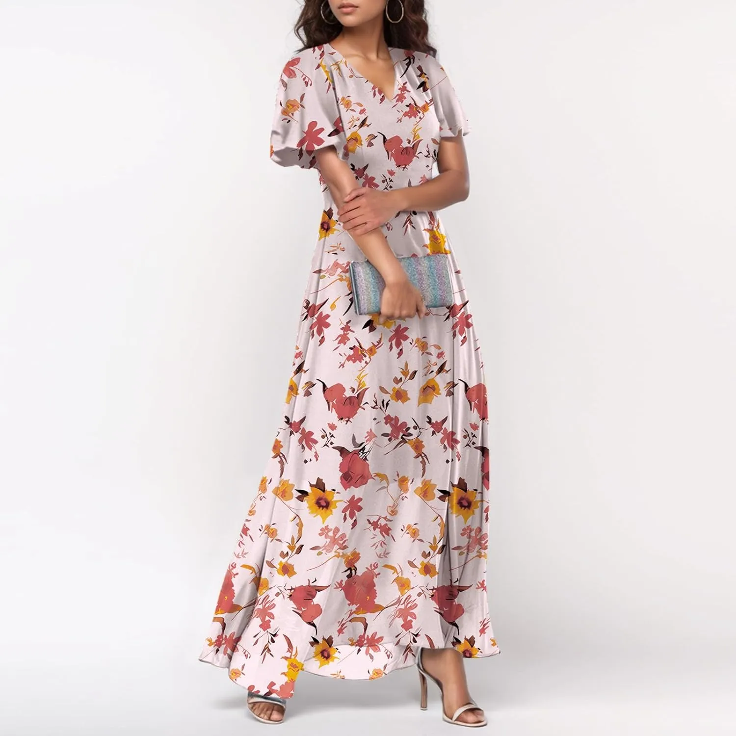 Flowy Maxi Dresses for Women Summer High Waist Dresses Chiffon Flutter Sleeve Plus Size Casual Floral Dress