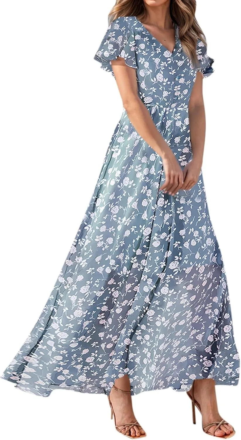 Flowy Maxi Dresses for Women Summer High Waist Dresses Chiffon Flutter Sleeve Plus Size Casual Floral Dress
