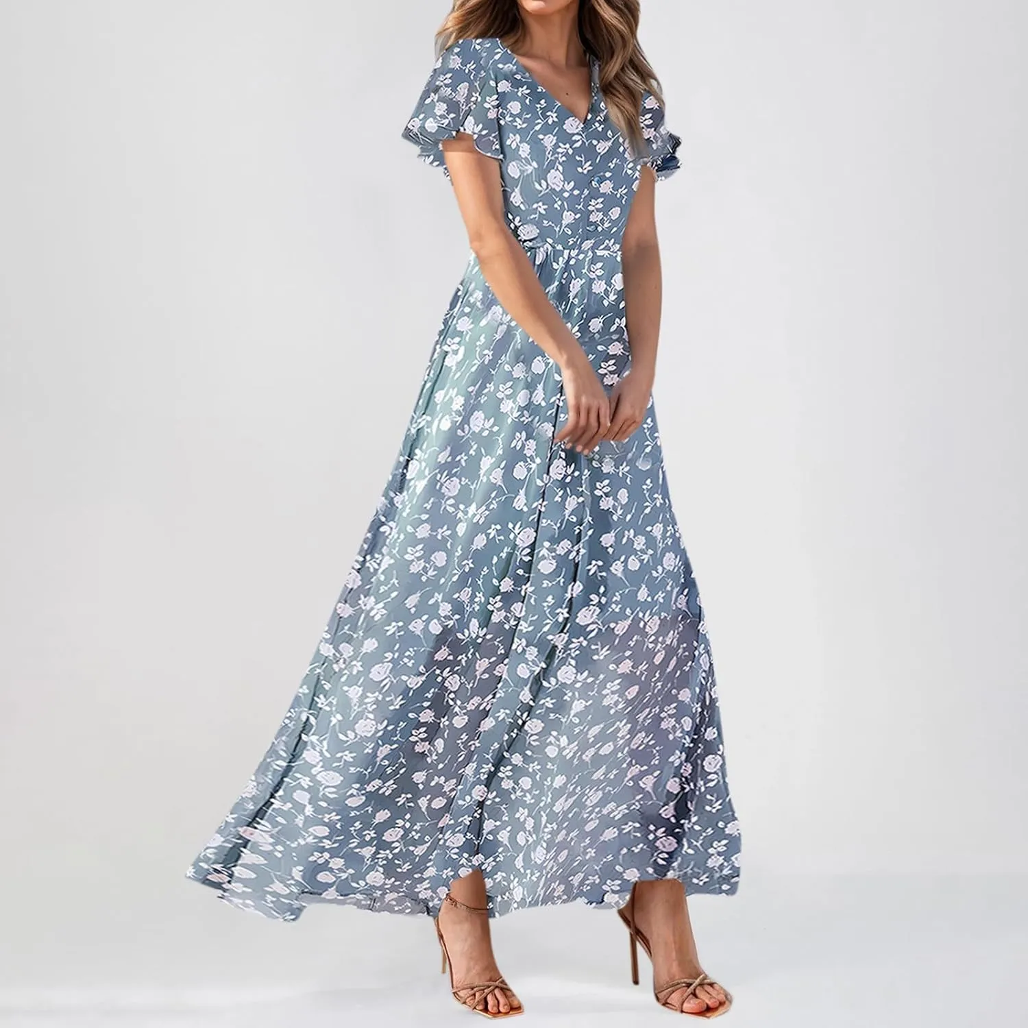 Flowy Maxi Dresses for Women Summer High Waist Dresses Chiffon Flutter Sleeve Plus Size Casual Floral Dress