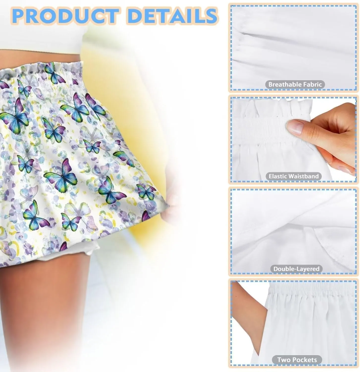 Girls Athletic Shorts Size 1-16 Kids High Waist Butterfly Shorts for Girls Flowy Shorts Summer Butterfly Shorts