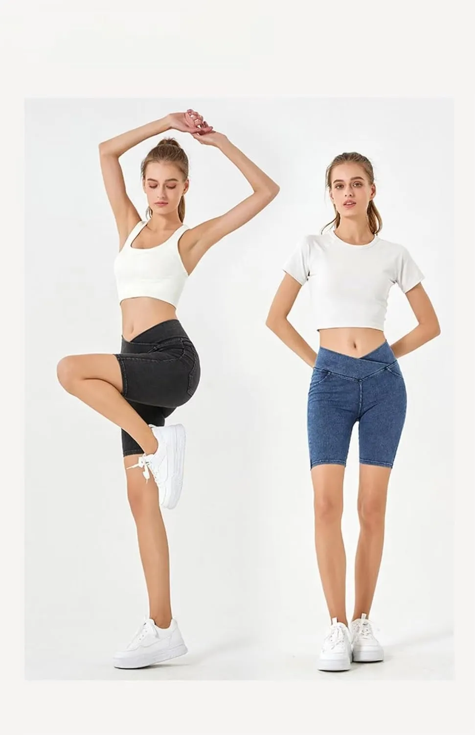 Girls Biker Shorts Crossover High Waist Jean Shorts Summer Bermuda Denim Pants with Pockets