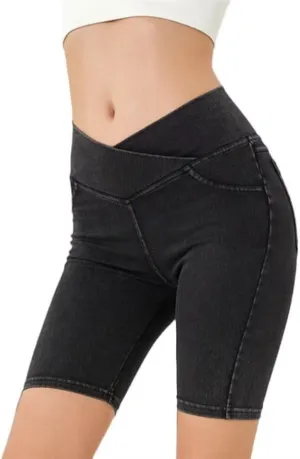 Girls Biker Shorts Crossover High Waist Jean Shorts Summer Bermuda Denim Pants with Pockets