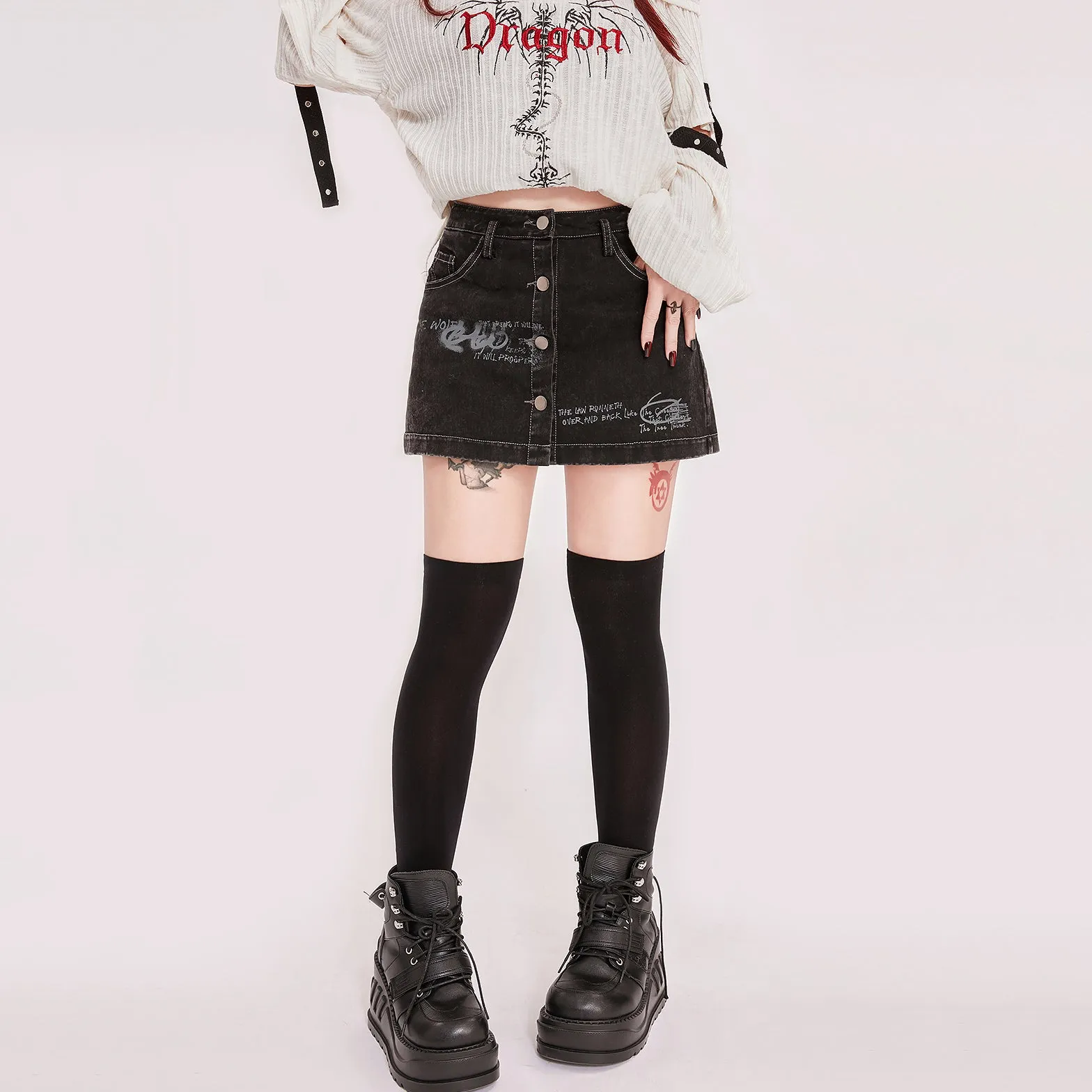 Graffiti Print High Waist Distressed Denim Shorts