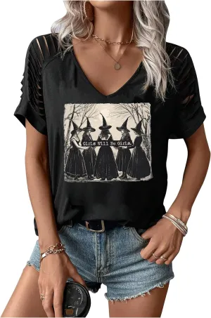 Halloween T Shirts for Women Fall Graphic Gifts Tees Shirts Trendy Cut Out Tshirts Ghost Shirt Witch Tees Tops Outfits