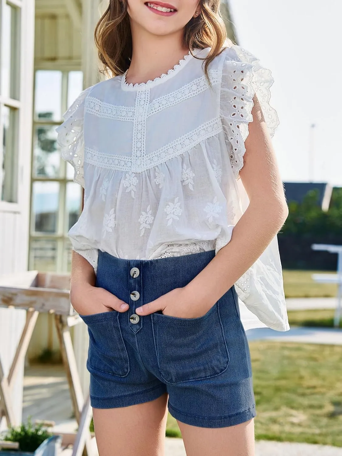 Haloumoning Girls Jean Shorts Kids Cute High Waist Shorts Button Summer Demin Shorts with Pockets 5-14 Years