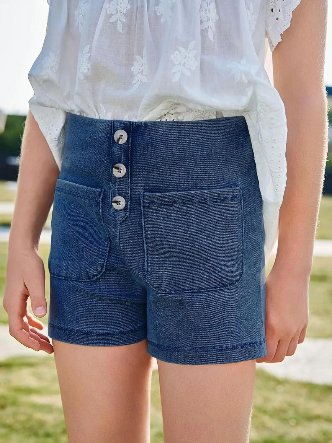Haloumoning Girls Jean Shorts Kids Cute High Waist Shorts Button Summer Demin Shorts with Pockets 5-14 Years