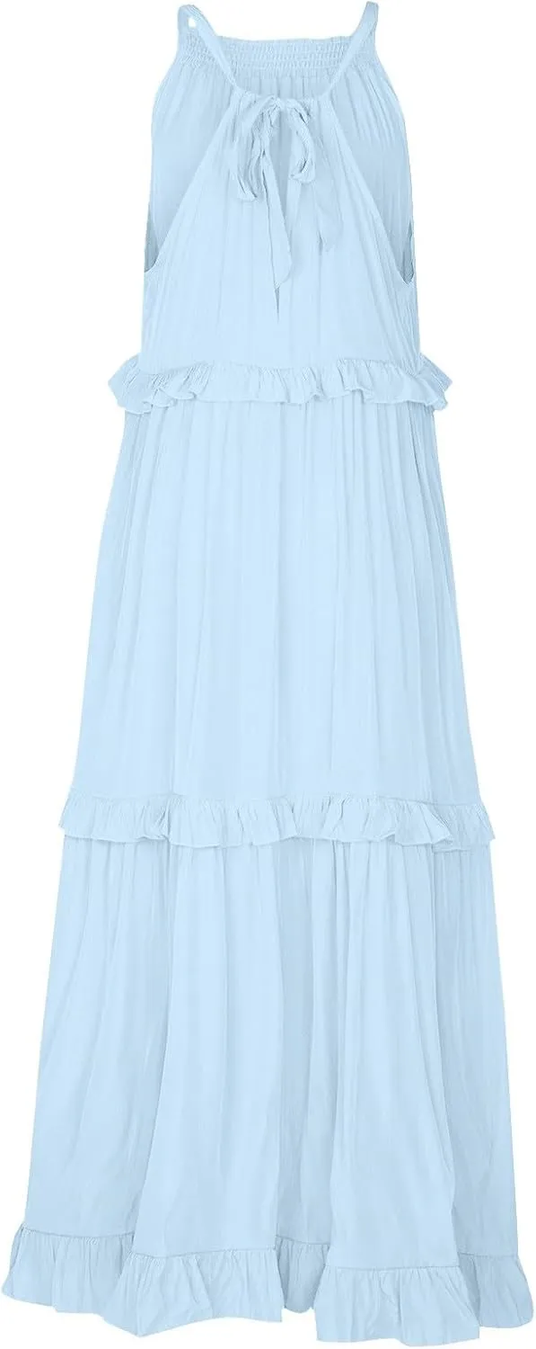 Halter Maxi Dresses for Women Flowy Summer Sleeveless Ruffle Dress Summer Smocked Layered Formal Long Dresses