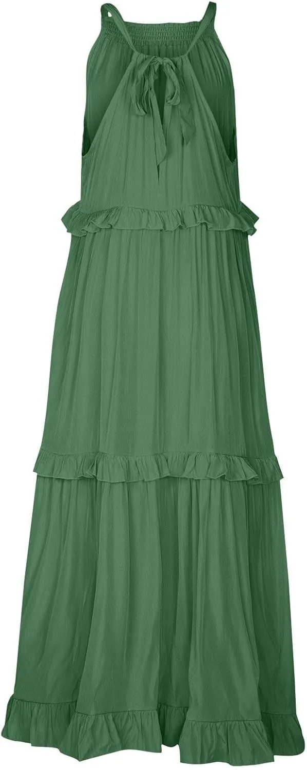 Halter Maxi Dresses for Women Flowy Summer Sleeveless Ruffle Dress Summer Smocked Layered Formal Long Dresses
