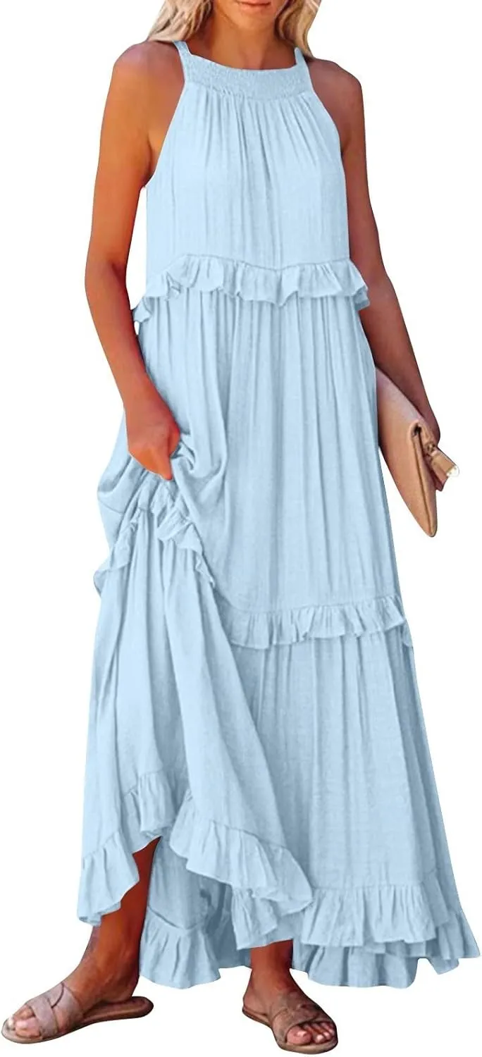 Halter Maxi Dresses for Women Flowy Summer Sleeveless Ruffle Dress Summer Smocked Layered Formal Long Dresses