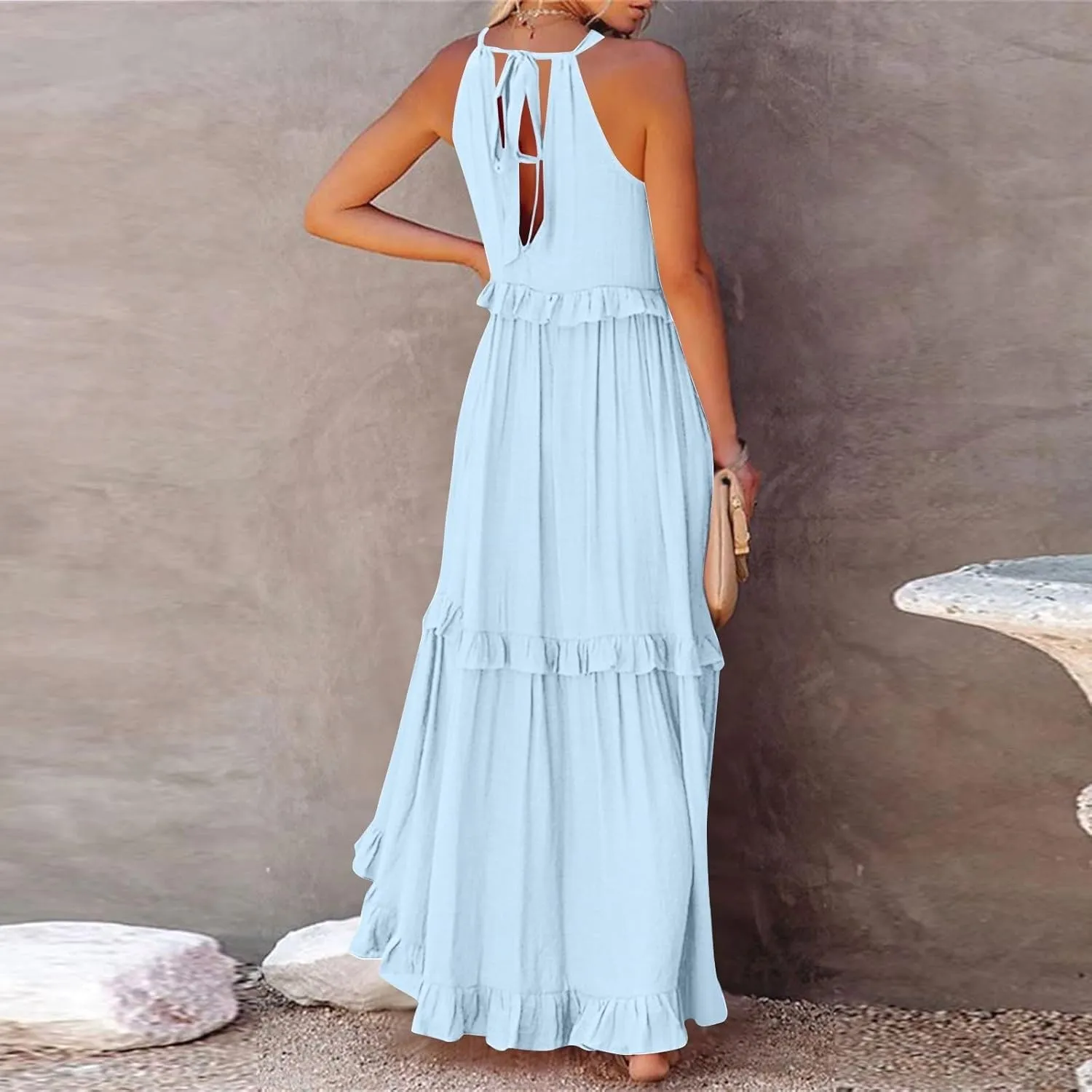 Halter Maxi Dresses for Women Flowy Summer Sleeveless Ruffle Dress Summer Smocked Layered Formal Long Dresses