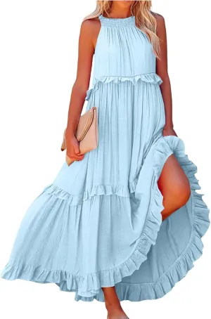 Halter Maxi Dresses for Women Flowy Summer Sleeveless Ruffle Dress Summer Smocked Layered Formal Long Dresses