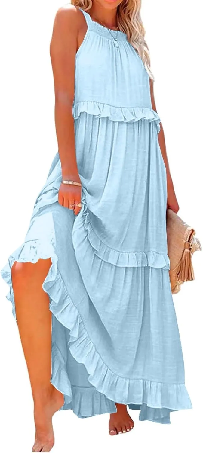 Halter Maxi Dresses for Women Flowy Summer Sleeveless Ruffle Dress Summer Smocked Layered Formal Long Dresses