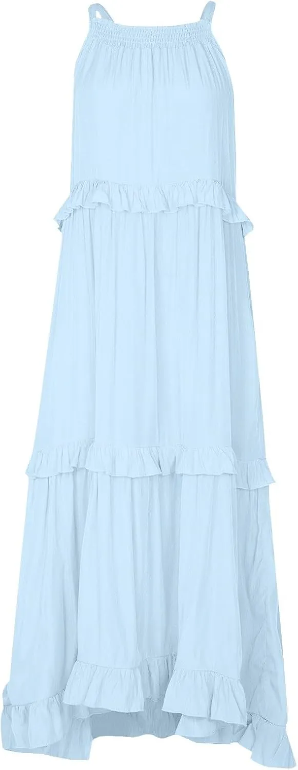 Halter Maxi Dresses for Women Flowy Summer Sleeveless Ruffle Dress Summer Smocked Layered Formal Long Dresses