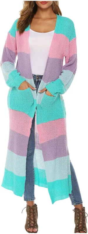 HGps8w Women's Rainbow Colorblock Split Side Cardigan Sweaters Loose Open Front Cute Knitted Jackets Outerwear with Pockets