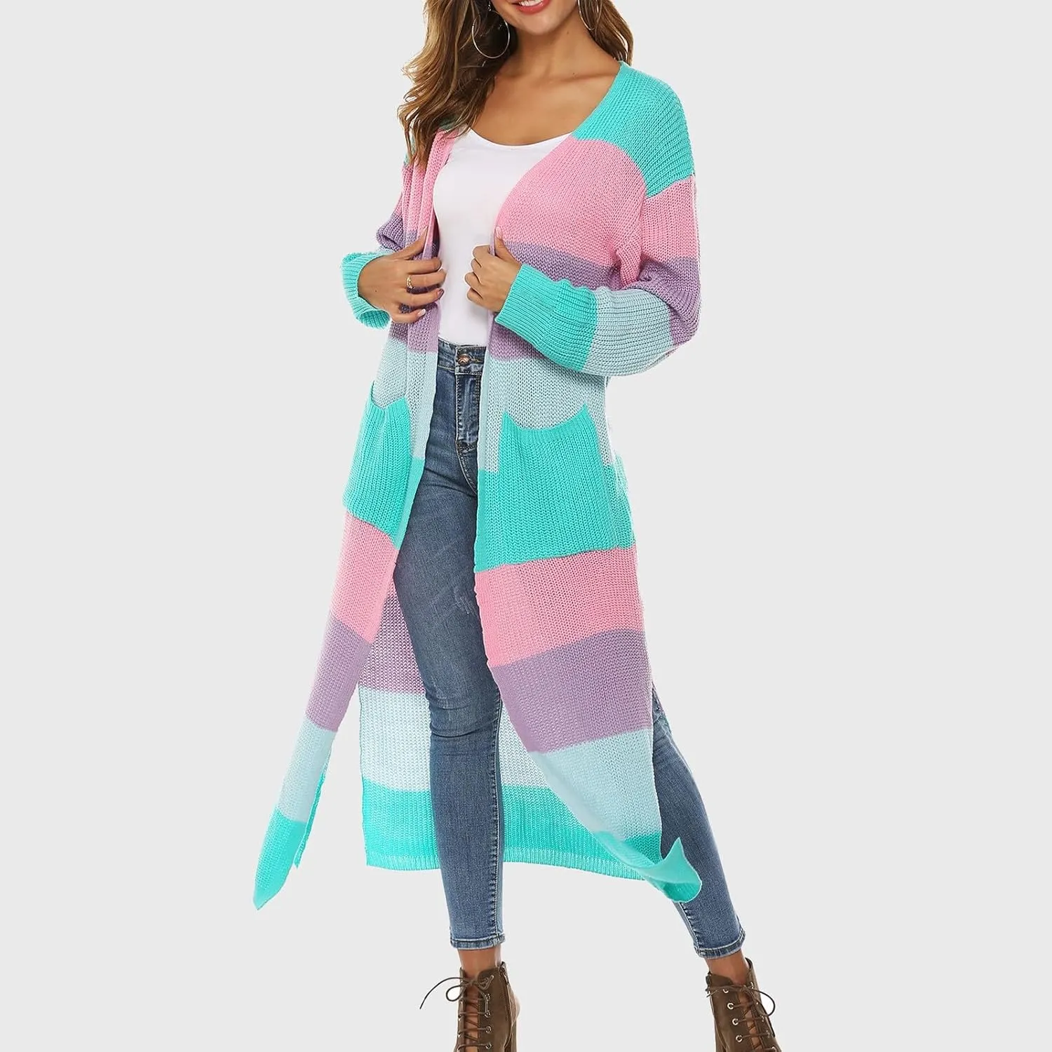 HGps8w Women's Rainbow Colorblock Split Side Cardigan Sweaters Loose Open Front Cute Knitted Jackets Outerwear with Pockets