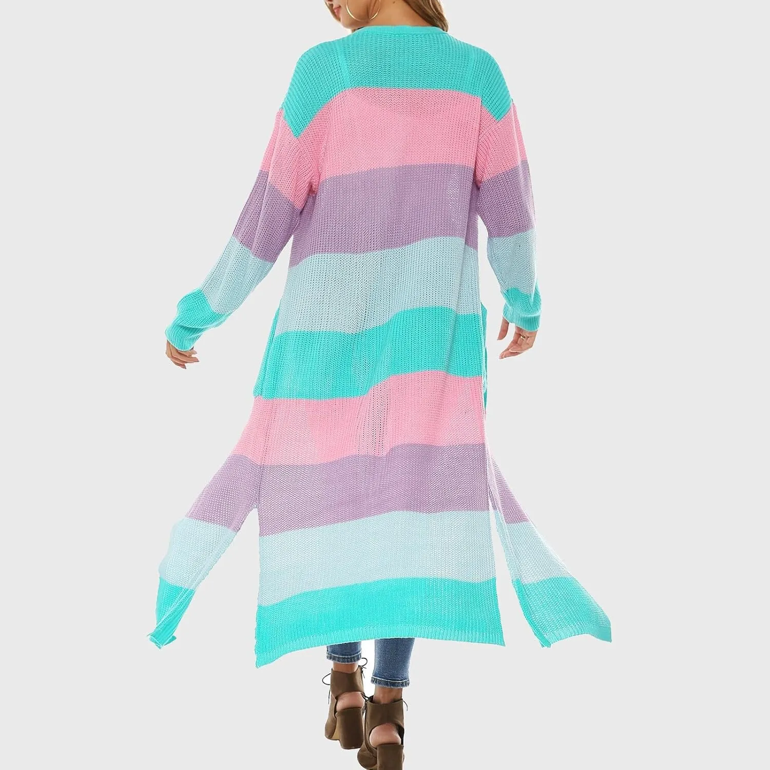 HGps8w Women's Rainbow Colorblock Split Side Cardigan Sweaters Loose Open Front Cute Knitted Jackets Outerwear with Pockets