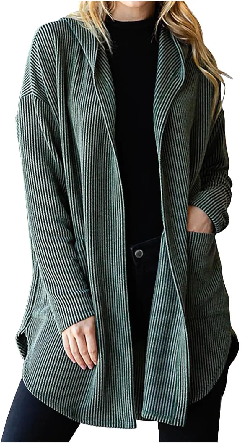 HGps8w Women's Ribbed Knit Hooded Cardigans Open Front Button Up Long Sleeve Fall Winter Sweater Coat Outerwear with Pockets