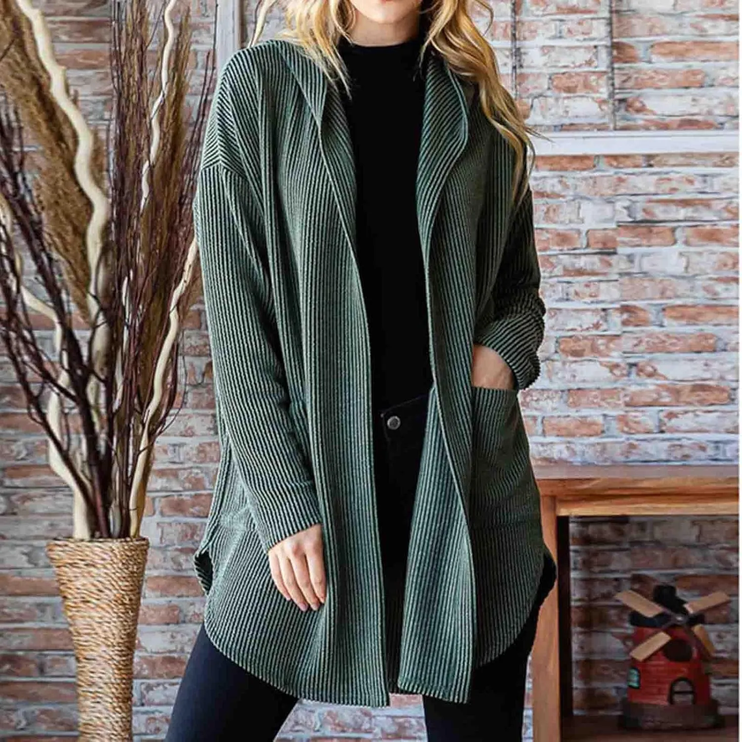 HGps8w Women's Ribbed Knit Hooded Cardigans Open Front Button Up Long Sleeve Fall Winter Sweater Coat Outerwear with Pockets