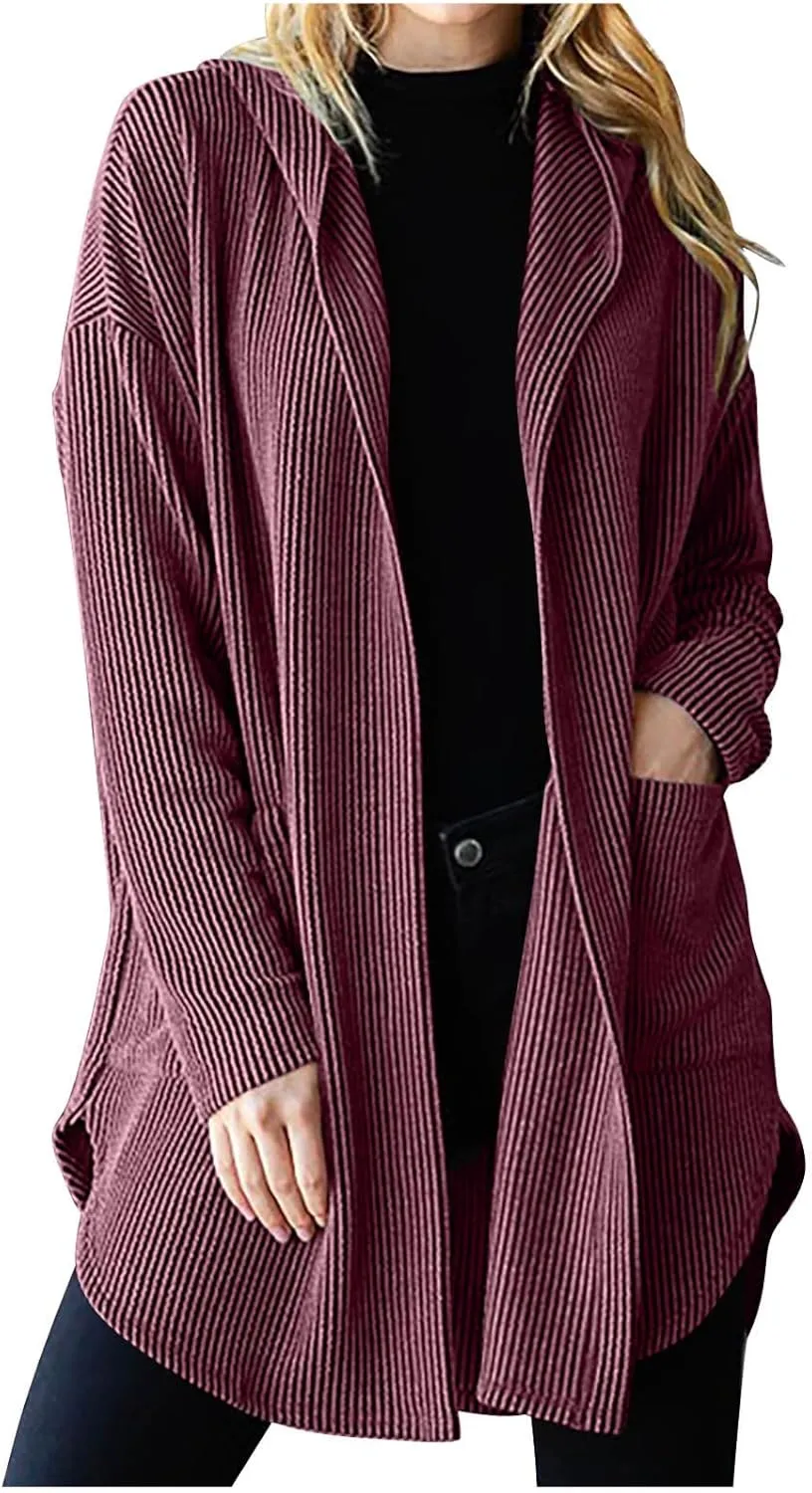 HGps8w Women's Ribbed Knit Hooded Cardigans Open Front Button Up Long Sleeve Fall Winter Sweater Coat Outerwear with Pockets