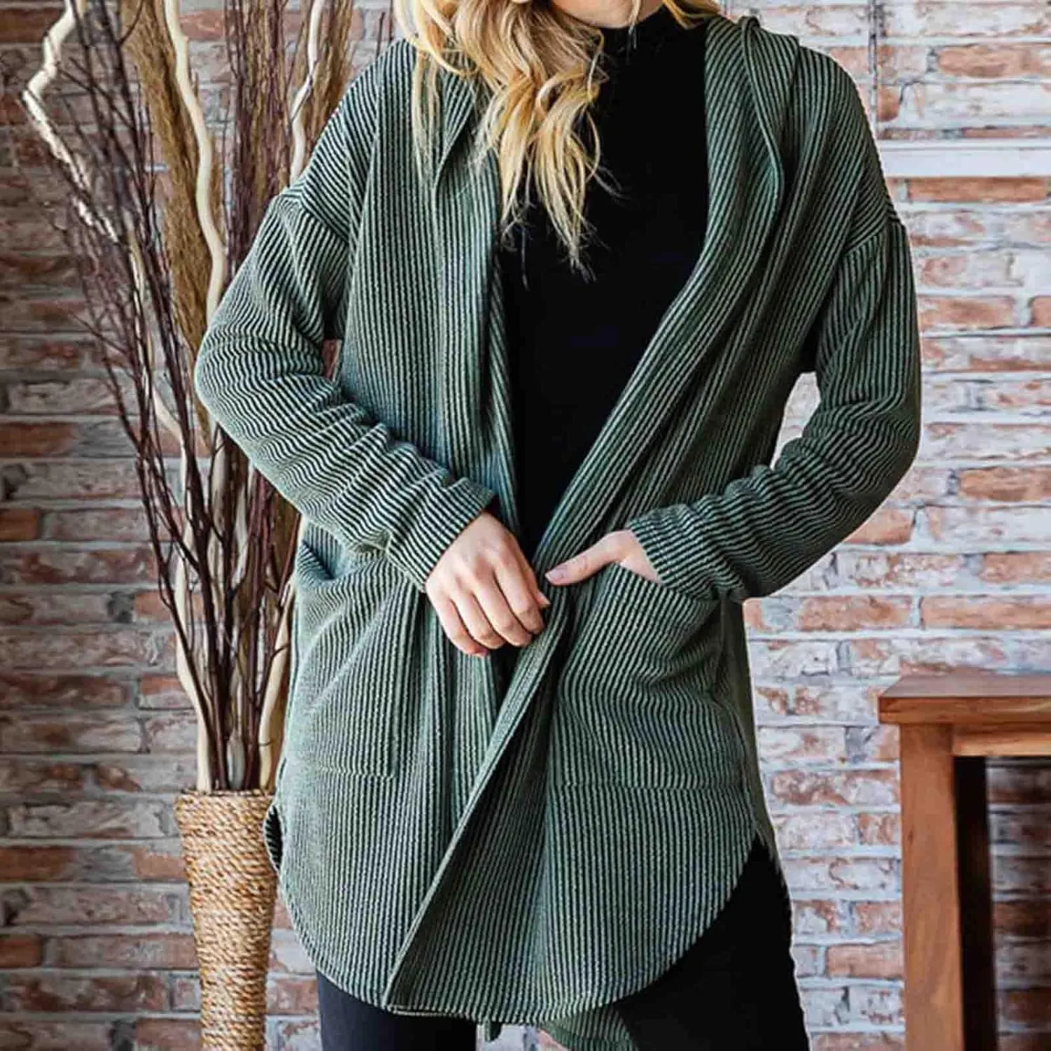 HGps8w Women's Ribbed Knit Hooded Cardigans Open Front Button Up Long Sleeve Fall Winter Sweater Coat Outerwear with Pockets