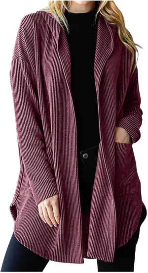 HGps8w Women's Ribbed Knit Hooded Cardigans Open Front Button Up Long Sleeve Fall Winter Sweater Coat Outerwear with Pockets