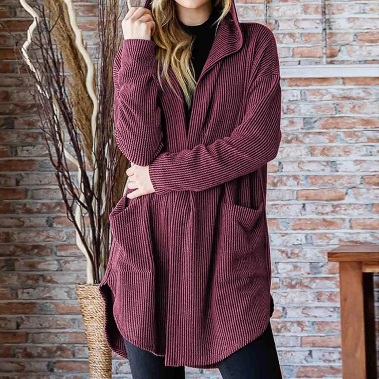 HGps8w Women's Ribbed Knit Hooded Cardigans Open Front Button Up Long Sleeve Fall Winter Sweater Coat Outerwear with Pockets