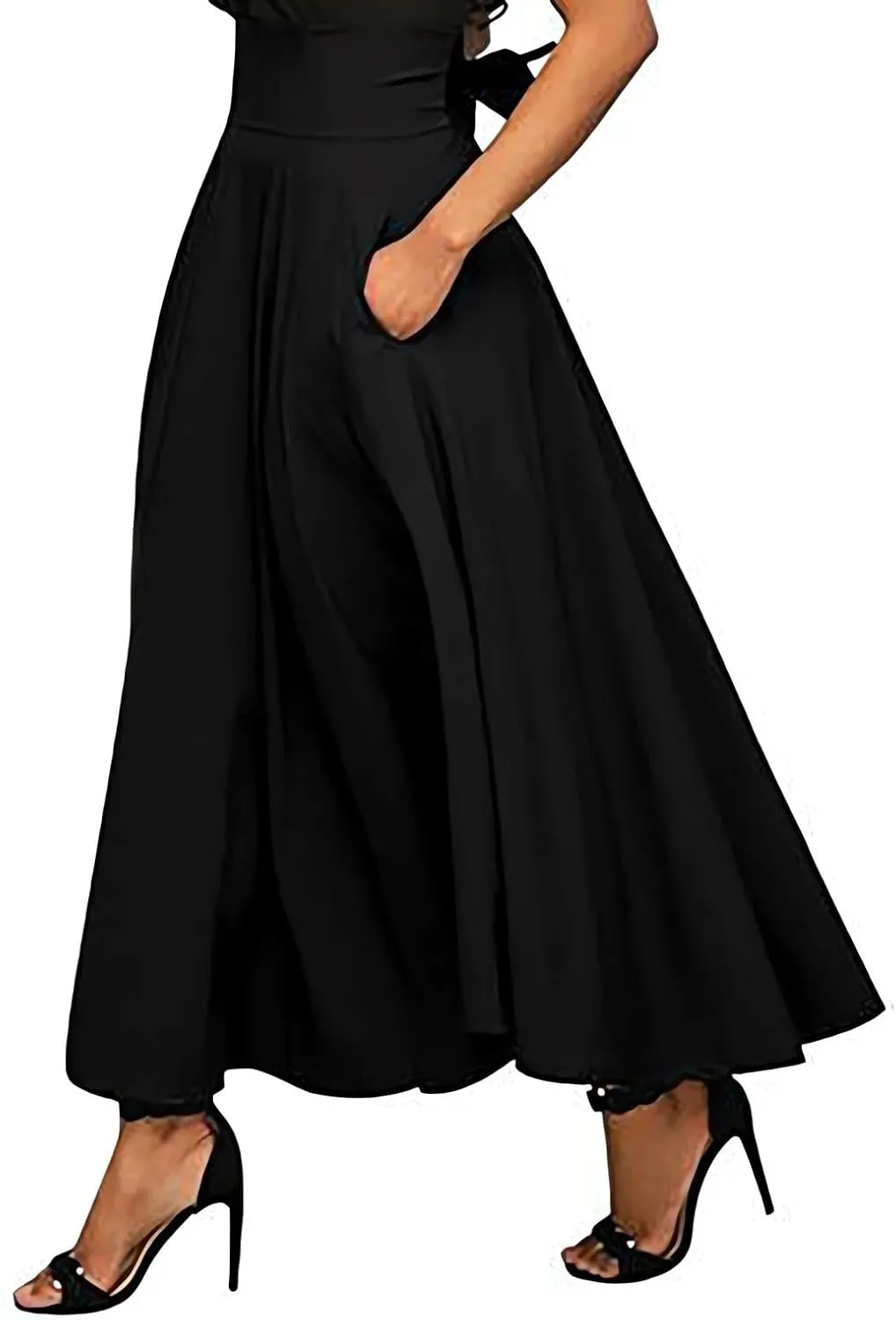 High Waisted Maxi Skirts for Women Solid Pleated Skirt A Line Ankle Length Bow Tie Flowy Long Skirt with Pockets