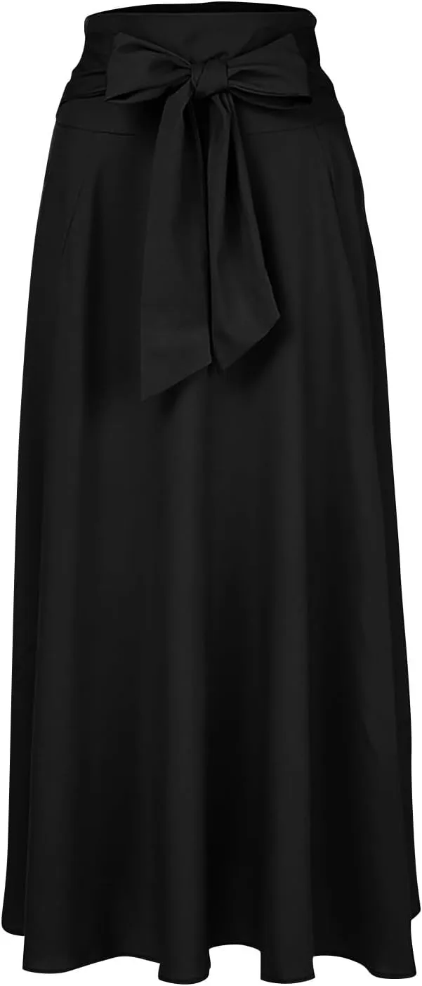 High Waisted Maxi Skirts for Women Solid Pleated Skirt A Line Ankle Length Bow Tie Flowy Long Skirt with Pockets