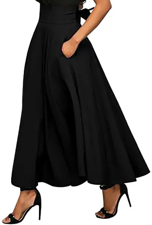 High Waisted Maxi Skirts for Women Solid Pleated Skirt A Line Ankle Length Bow Tie Flowy Long Skirt with Pockets