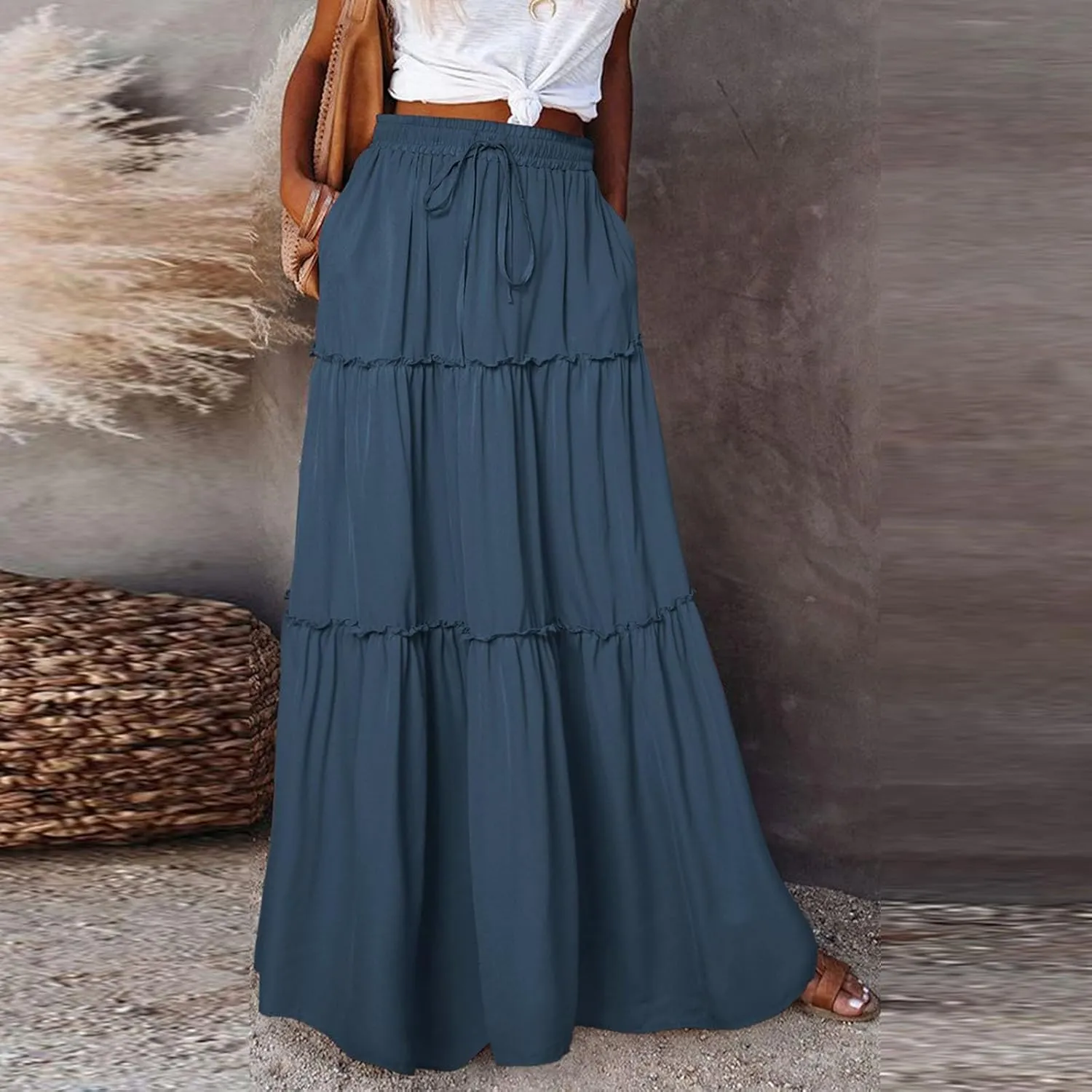 High Waisted Skirts for Women Trendy Maxi Skirts Flowy Pleated Skirt A Line Tiered Ruffle Skirt with Pockets