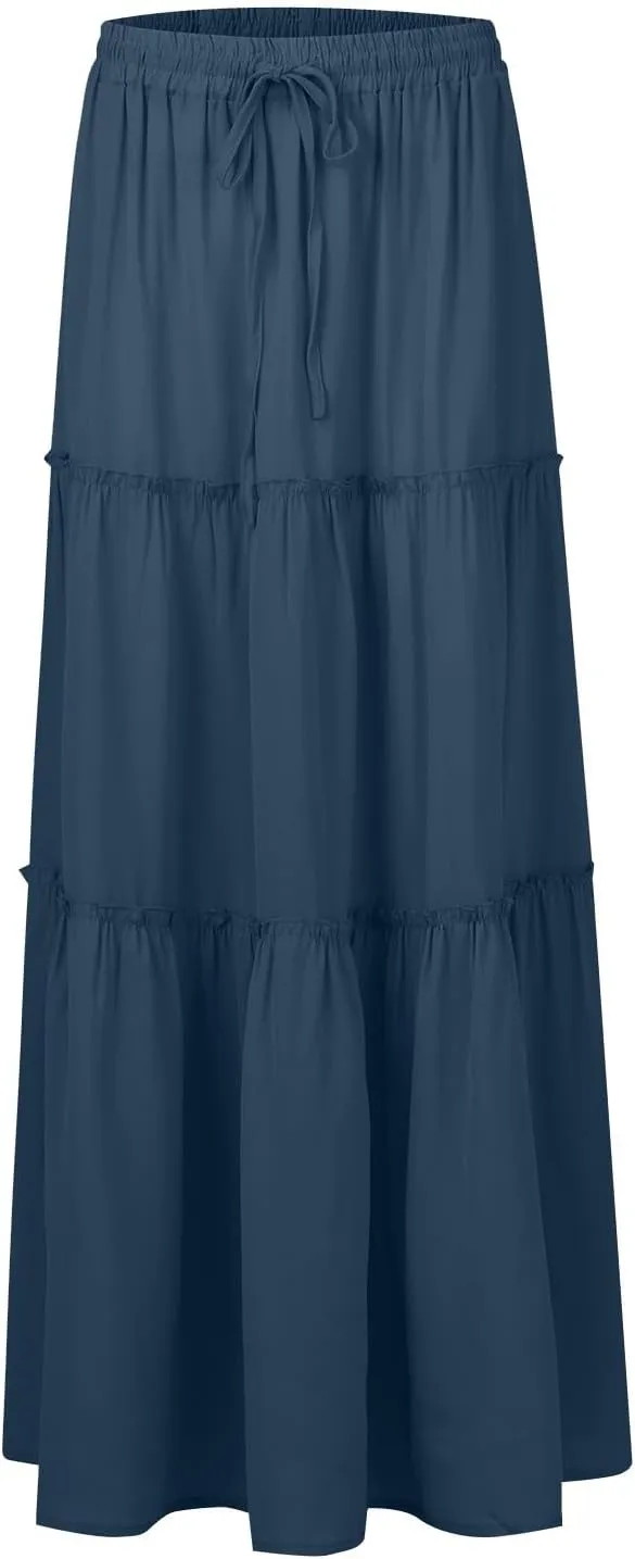 High Waisted Skirts for Women Trendy Maxi Skirts Flowy Pleated Skirt A Line Tiered Ruffle Skirt with Pockets