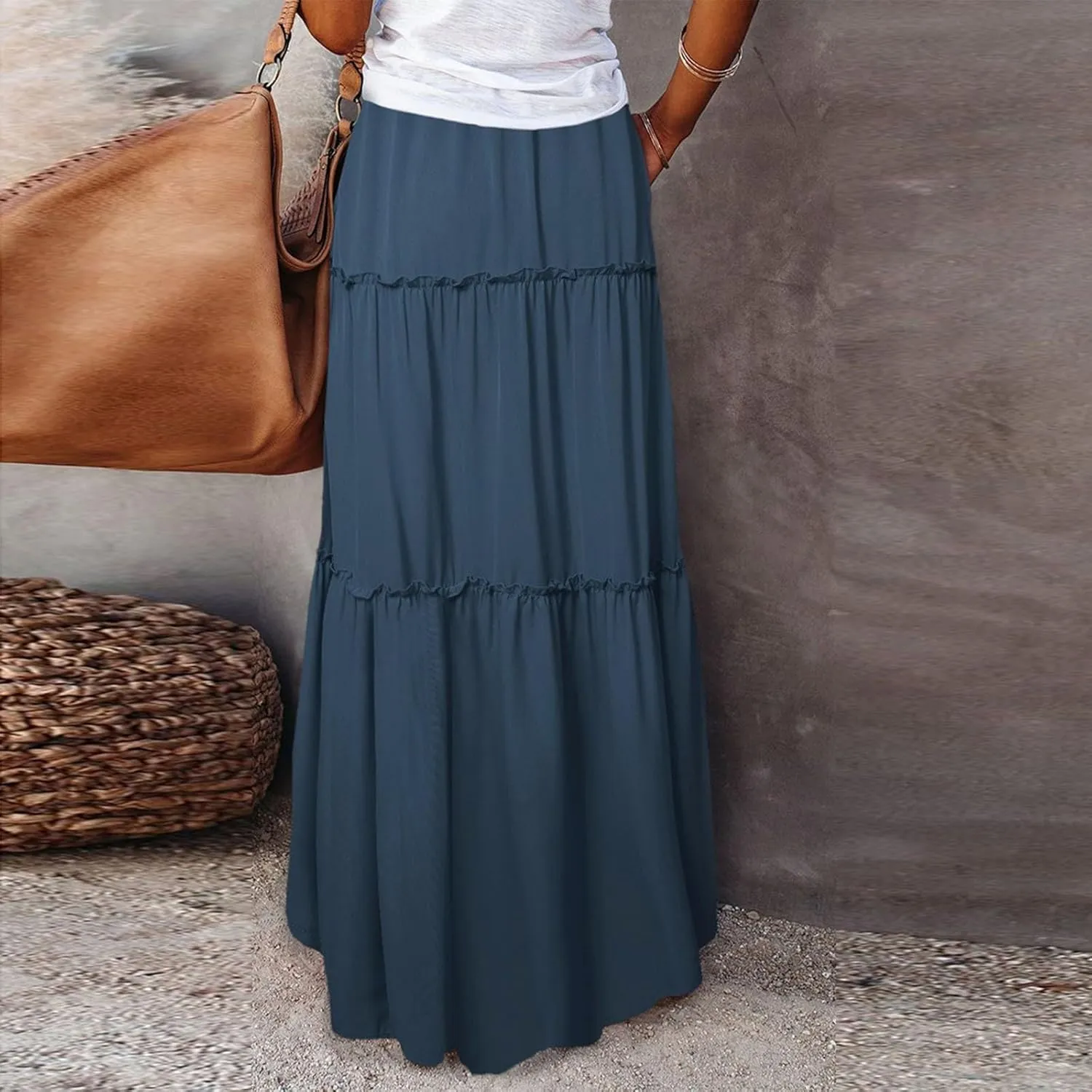 High Waisted Skirts for Women Trendy Maxi Skirts Flowy Pleated Skirt A Line Tiered Ruffle Skirt with Pockets