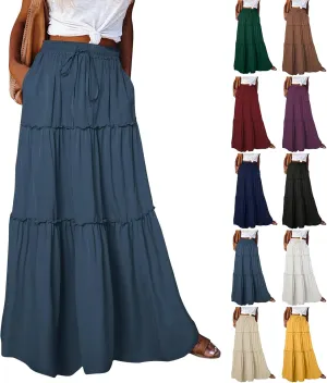High Waisted Skirts for Women Trendy Maxi Skirts Flowy Pleated Skirt A Line Tiered Ruffle Skirt with Pockets