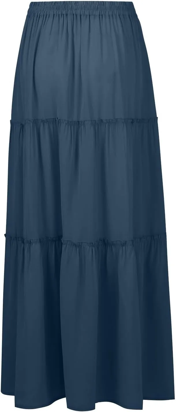 High Waisted Skirts for Women Trendy Maxi Skirts Flowy Pleated Skirt A Line Tiered Ruffle Skirt with Pockets