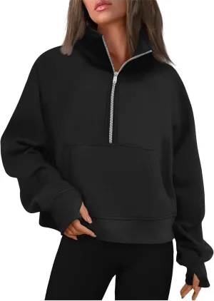 Hoodie For Women Half Zip Cropped Pullover Casual Quarter Zipper Hoodies Solid Color Loose Pullover Sweatshirts