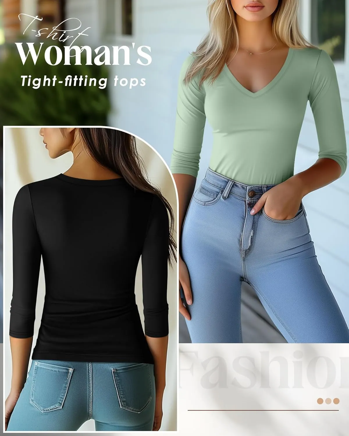 Huukeay 3 Pack Women's 3/4 Sleeve T-Shirts, Summer Cotton V Neck Slim Fit Tops Casual Tight Going Out Blouse Basic Layer Tees