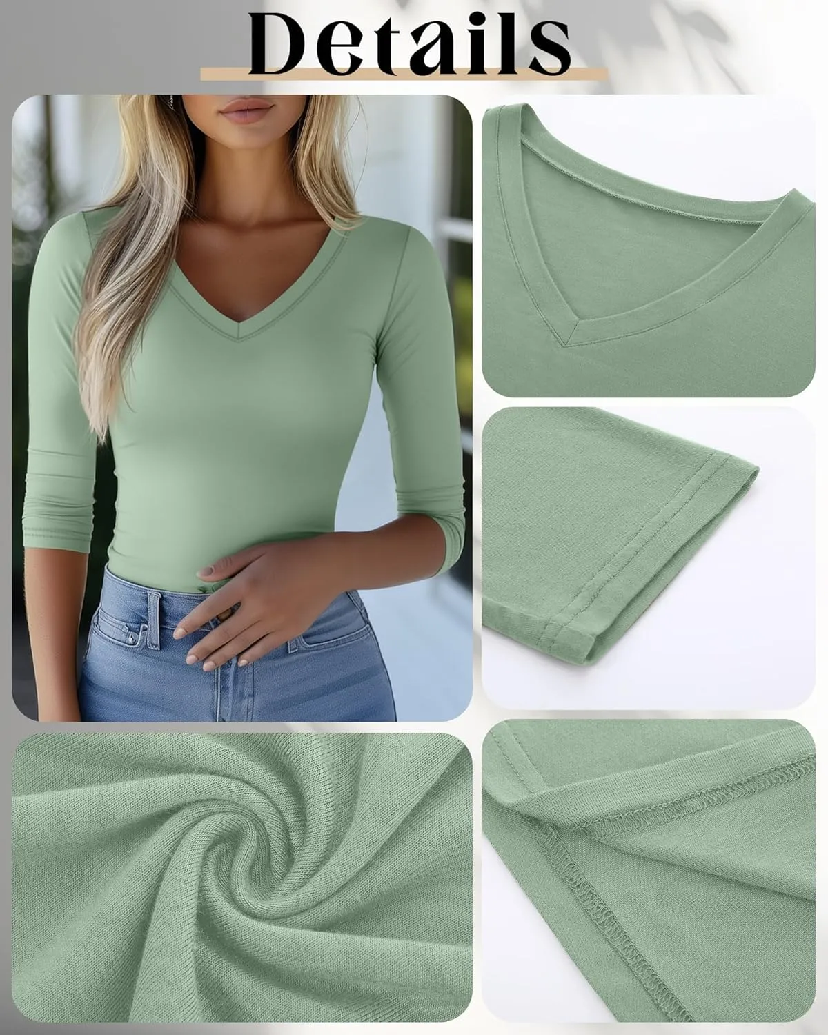 Huukeay 3 Pack Women's 3/4 Sleeve T-Shirts, Summer Cotton V Neck Slim Fit Tops Casual Tight Going Out Blouse Basic Layer Tees
