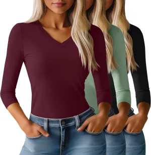 Huukeay 3 Pack Women's 3/4 Sleeve T-Shirts, Summer Cotton V Neck Slim Fit Tops Casual Tight Going Out Blouse Basic Layer Tees